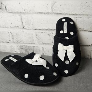 Laura Ashley Polka Dot Bow Slippers Size 8–9 | Cozy Plush House Shoes